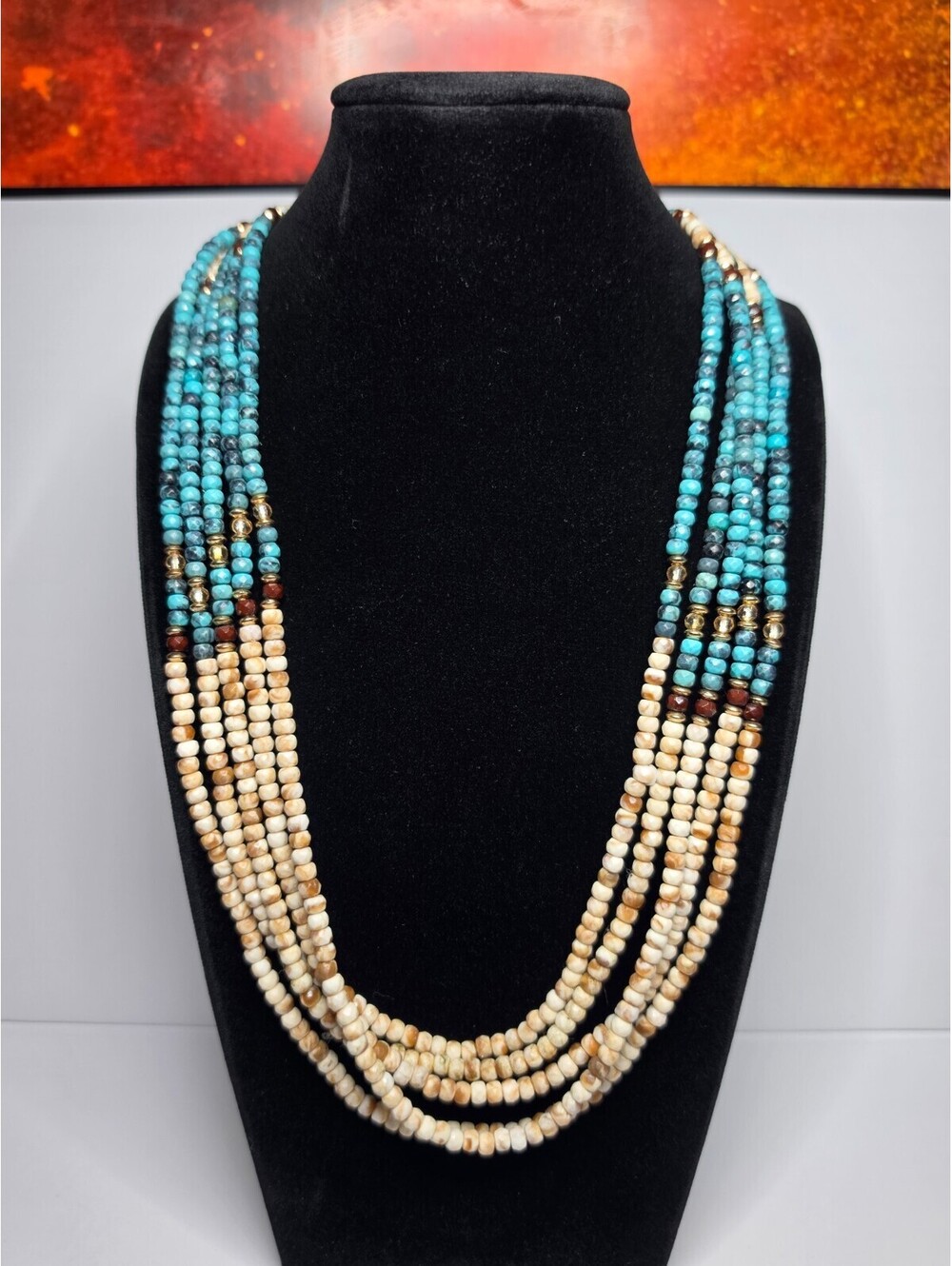 Vintage Native American 5 Strand Faux Turquoise and Shell Heishi Necklace 32"
